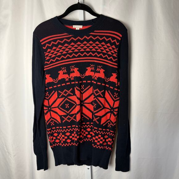 NWT GAP Designed Crafted Men’s M Tall Fair Isle Reindeer Sweater Navy Red Cotton - Picture 1 of 4